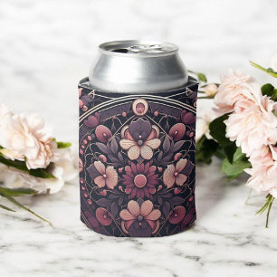 Dark Romance Burgundy Art Deco Floral Summer  Can Cooler