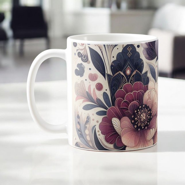 Dark Romance Burgundy Art Deco Floral Summer Coffee Mug (Creator Uploaded)