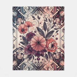 Dark Romance Burgundy Art Deco Floral Summer Fleece Blanket