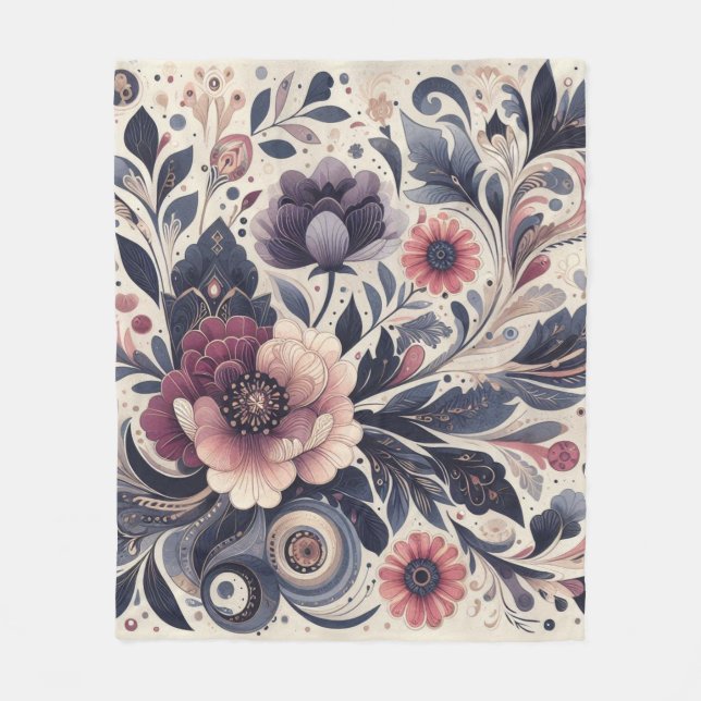 Dark Romance Burgundy Art Deco Floral  Summer  Fleece Blanket (Front)