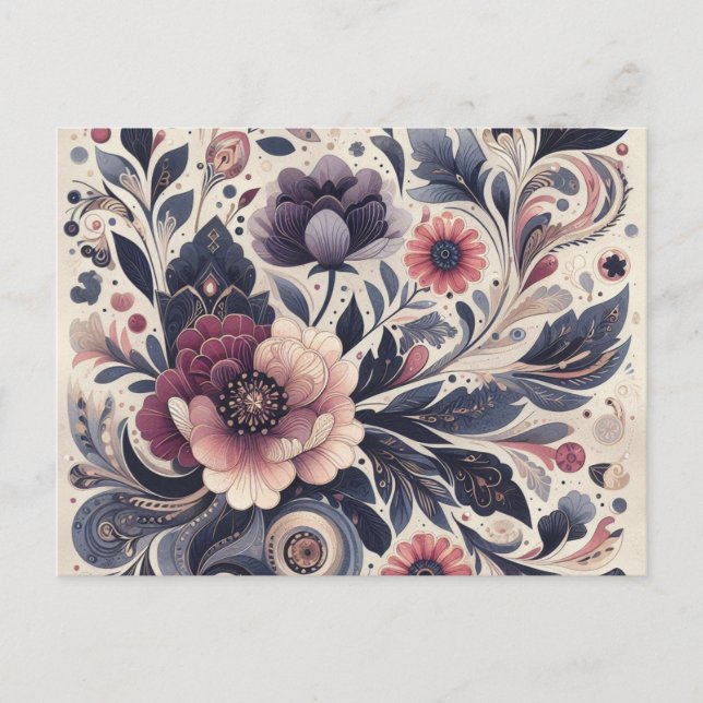 Dark Romance Burgundy Art Deco Floral Summer Postcard (Front)