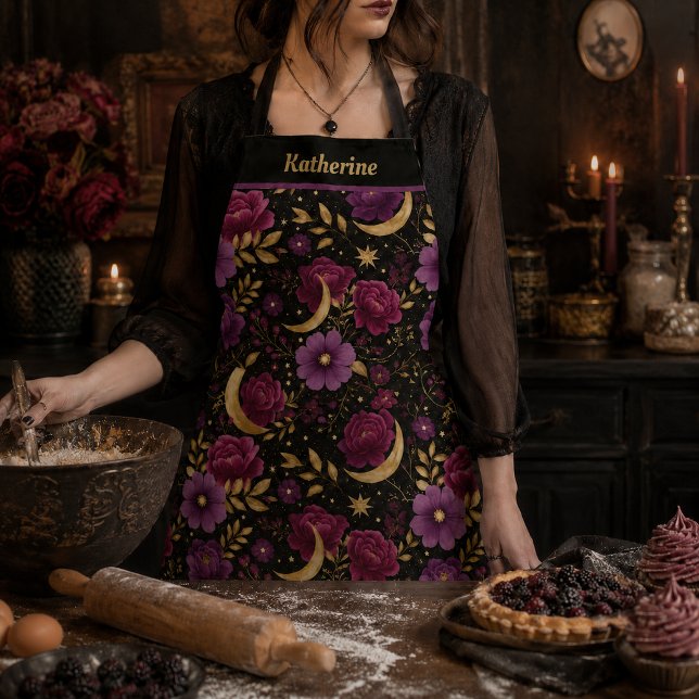 Dark Romance Celestial Moon Name Purple Gold Apron (Creator Uploaded)