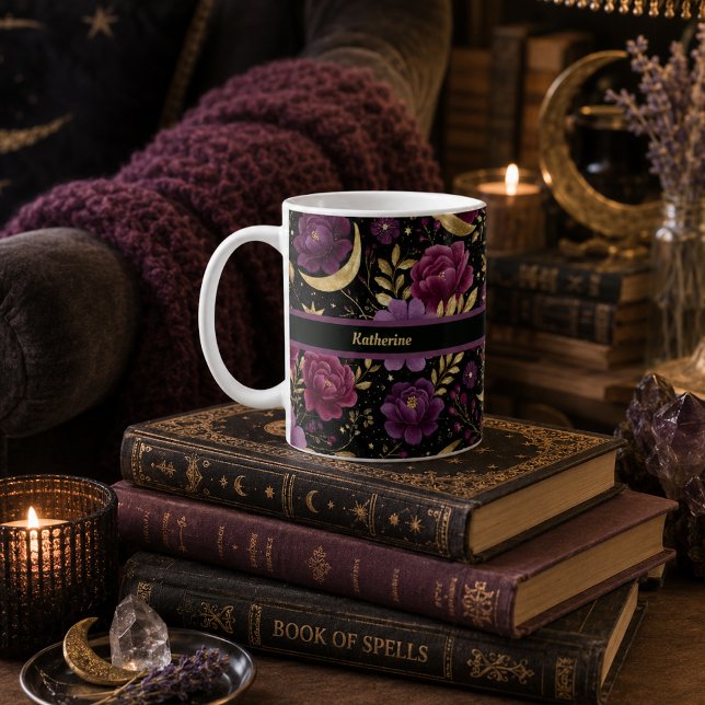Dark Romance Celestial Moon Name Purple Gold Coffee Mug (Creator Uploaded)
