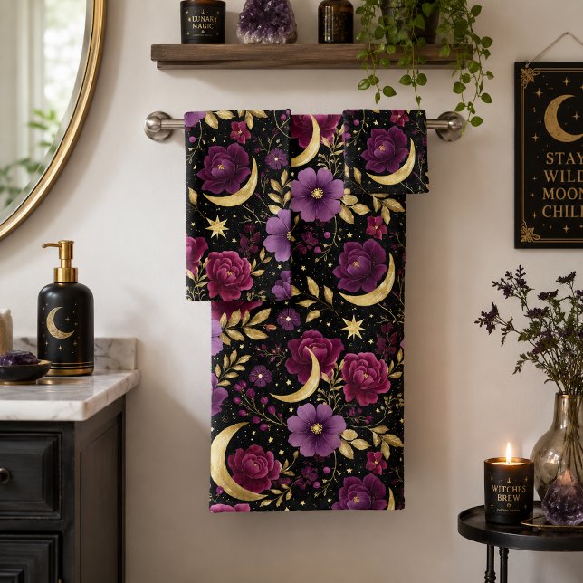 Dark Romance Celestial Moon Purple Gold Bath Towel Set (Creator Uploaded)