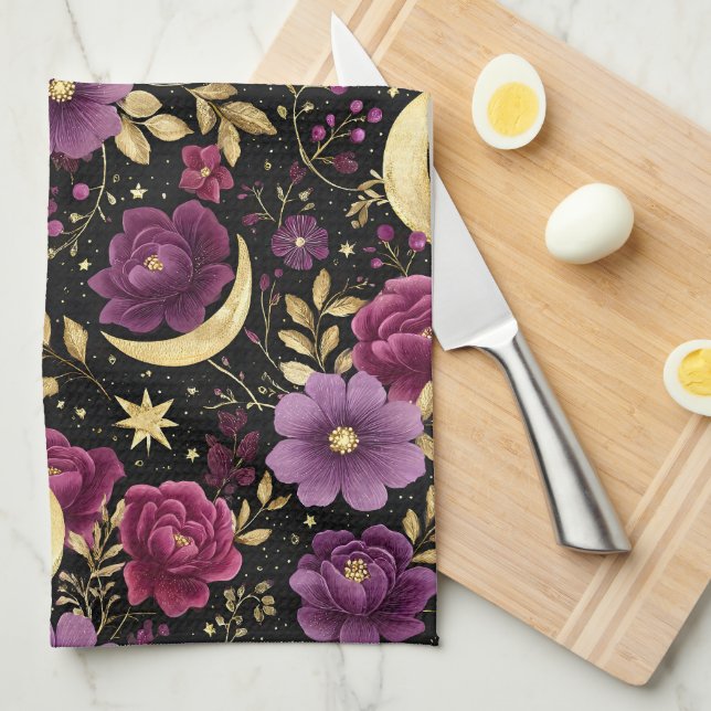 Dark Romance Celestial Moon Purple Gold Kitchen Towel (Quarter Fold)