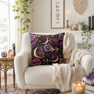 Dark Romance Celestial Moon Purple Gold Throw Pillow