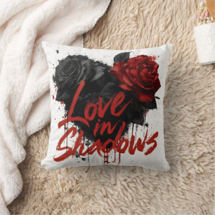 Dark Romance Graphic with Black and Red Roses Throw Pillow