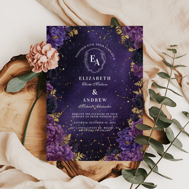 Dark Romance Purple Constellation Wedding Invitation (Creator Uploaded)
