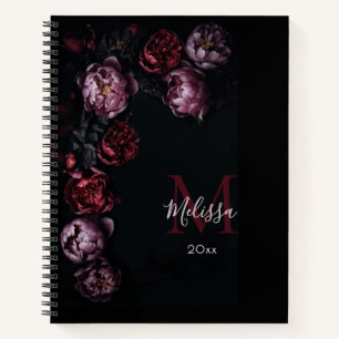 Dark Romantic 3D Flowers Black Monogram Notebook