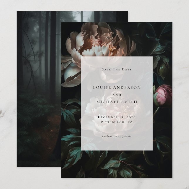 Dark Romantic Black Peony Floral Wedding Photo Save The Date (Front/Back)