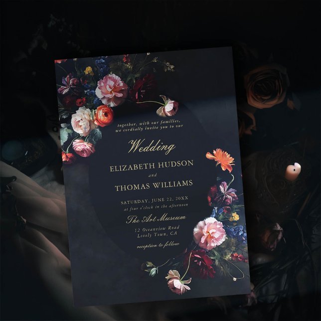 Dark Romantic Fairytale Moody Bouquet Navy Wedding Invitation (dark romantic wedding invitation fairytale romance black navy dutch masters floral painting elegant)