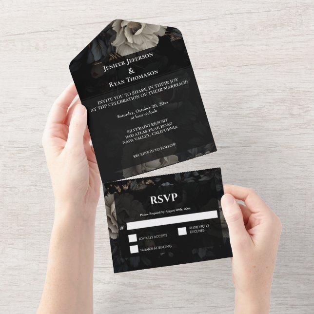 Dark Romantic Floral Gothic Wedding All In One Invitation (Tearaway)