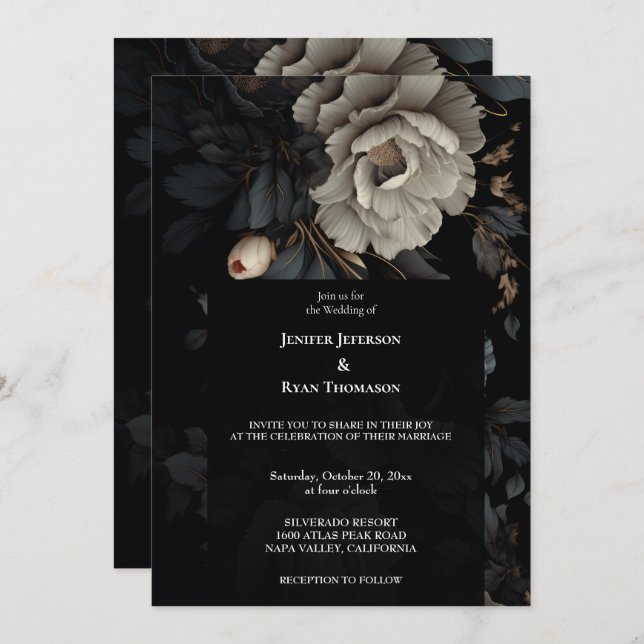 Dark Romantic Floral Gothic wedding invitation (Front/Back)