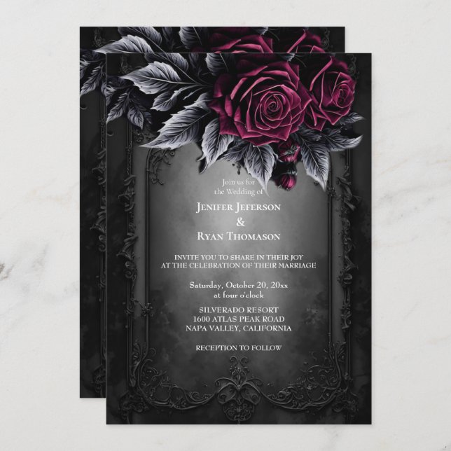 Dark Romantic Floral Gothic wedding invitation (Front/Back)