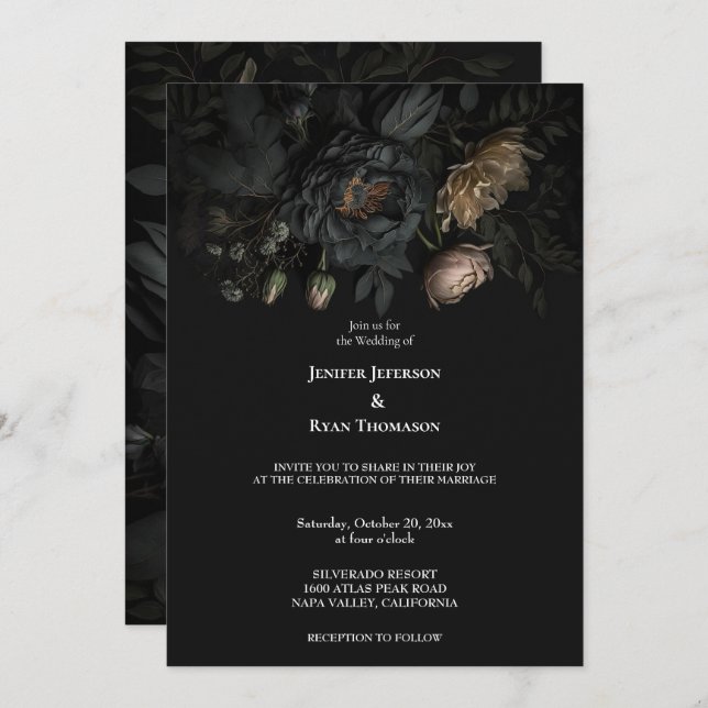 Dark Romantic Floral Gothic wedding invitation (Front/Back)