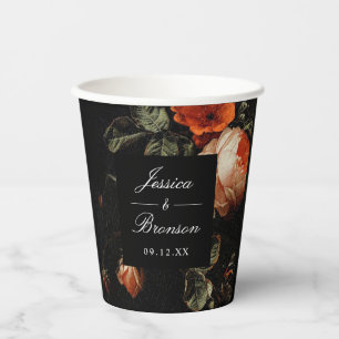 Dark Romantic Floral Pink Rose Wedding Shower Paper Cups