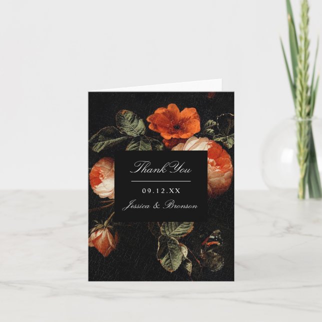 Dark Romantic Floral Roses Dutch Master Wedding Thank You Card (Front)