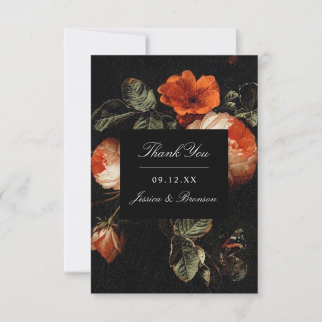 Dark Romantic Floral Roses Dutch Master Wedding Thank You Card (Front)