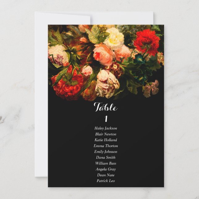 Dark romantic floral wedding seating chart card (Front)