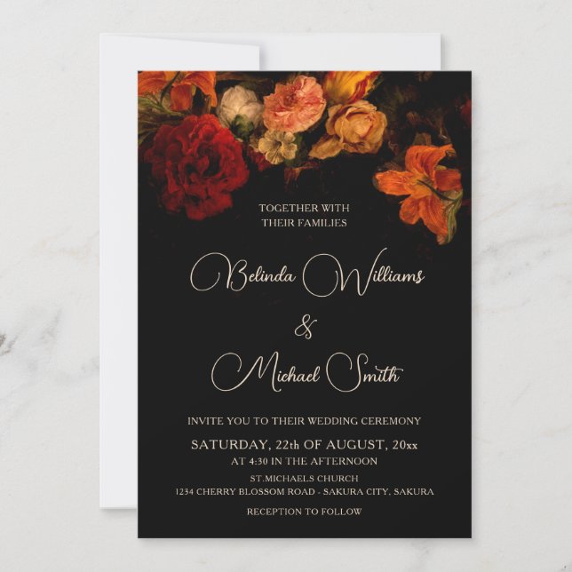 Dark Romantic Flowers | Photo Wedding Invitation (Front)