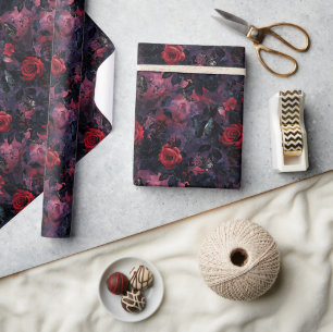 Dark Romantic Gothic Red Roses & Butterflies Wrapping Paper