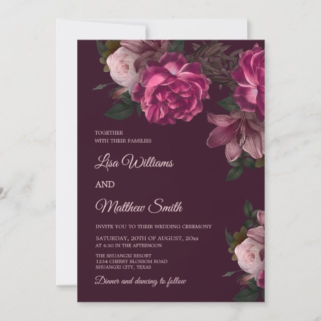 Dark Romantic Hand Drawn Roses Wedding Invitation (Front)