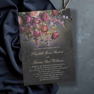 Dark Romantic Moody Burgundy Floral Black Wedding Invitation