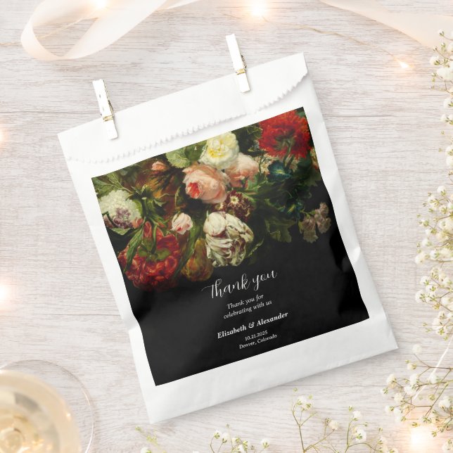Dark romantic moody elegant floral flowers wedding favour bag (Clipped)