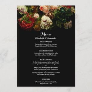 Dark romantic moody elegant floral flowers wedding menu