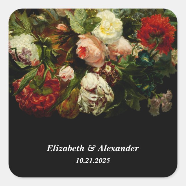 Dark romantic moody elegant floral flowers wedding square sticker (Front)