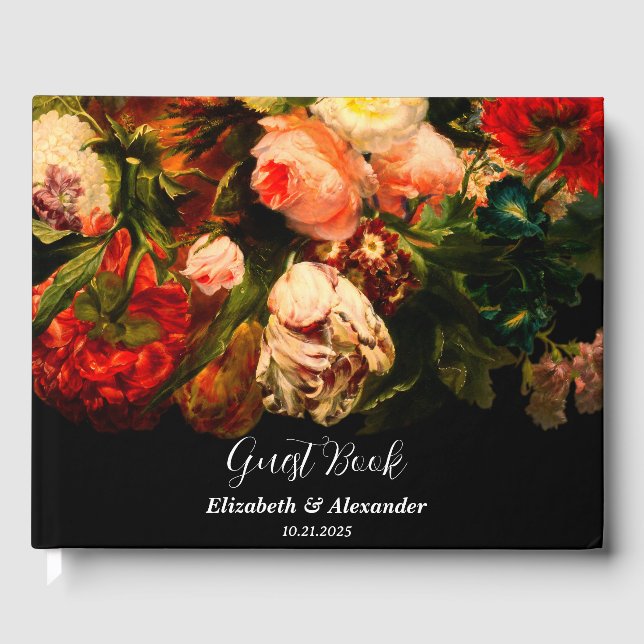 Dark romantic moody elegant floral wedding guest book (Front)