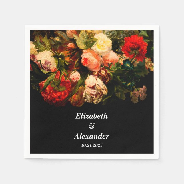 Dark romantic moody elegant floral wedding napkin (Front)