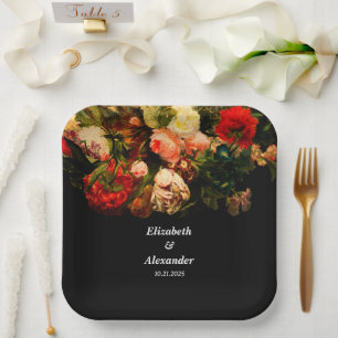 Dark romantic moody elegant floral wedding paper plate