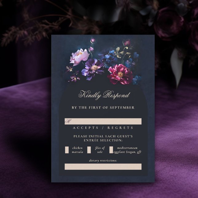 Dark Romantic Moody Florals Jewel Black Wedding RSVP Card (dark moody wedding RSVP meal choice purple black jewel tones dutch painting romantic gothic)