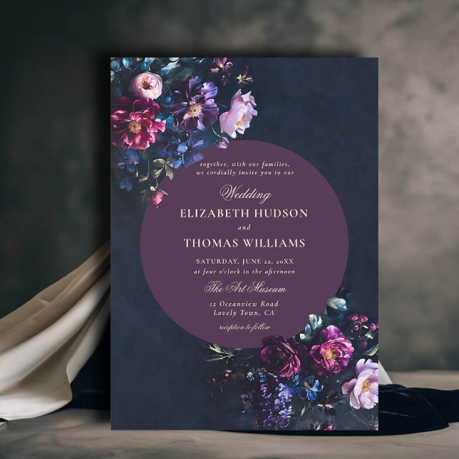 Dark Romantic Moody Florals Jewel Mauve Wedding Invitation (dark moody romantic wedding invitation gothic florals jewel tones mauve classy romance modern classy)