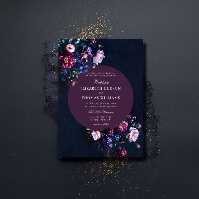 Dark Romantic Moody Florals Jewel Mauve Wedding Invitation (dark romantic wedding invitation jewel moody floral painting modern classic elegant formal)
