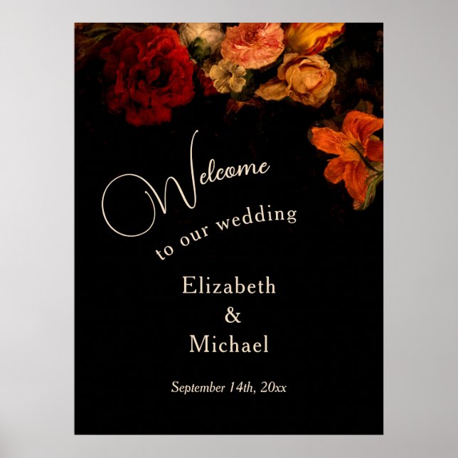 Dark Romantic Painted Flowers Wedding Welcome Poster (Front)