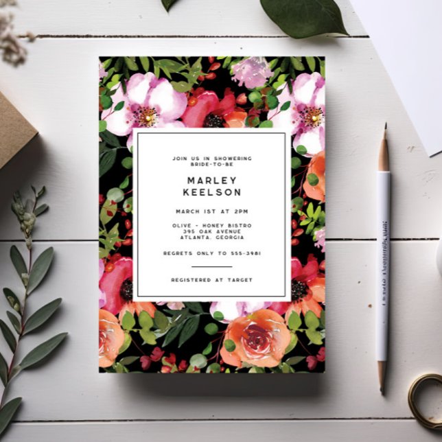 Dark Romantic Pink Floral Greenery Bridal Shower Invitation (Creator Uploaded)