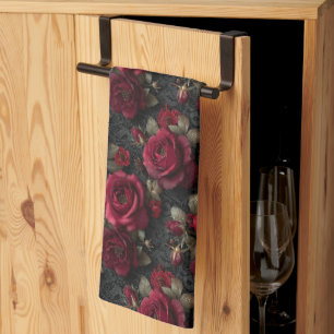 Dark Romantic Red Roses and Buds on Black Lace Kitchen Towel