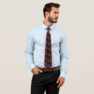 Dark Romantic Red Roses and Buds on Black Lace Tie