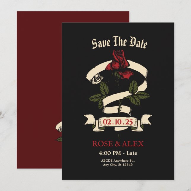 Dark Romantic Rose wedding Save The Date (Front/Back)