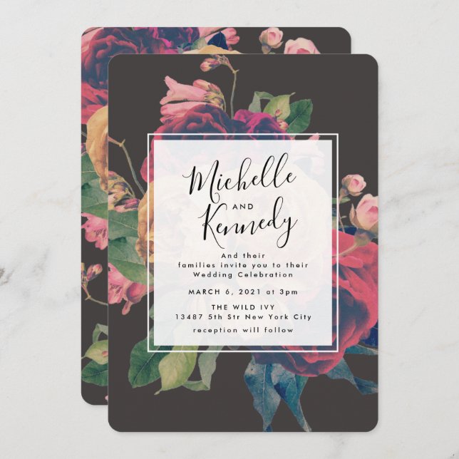 Dark Rose Botanical Fete Wedding Invitation (Front/Back)