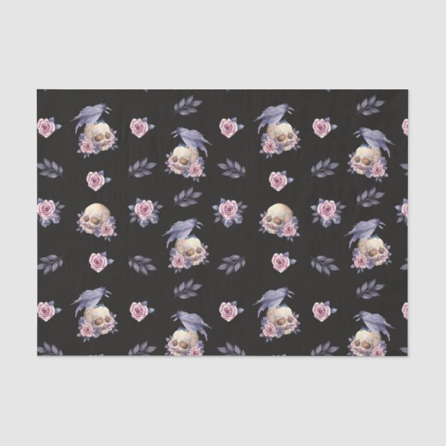 Dark Roses Raven Skulls Halloween Tissue Paper (Front)