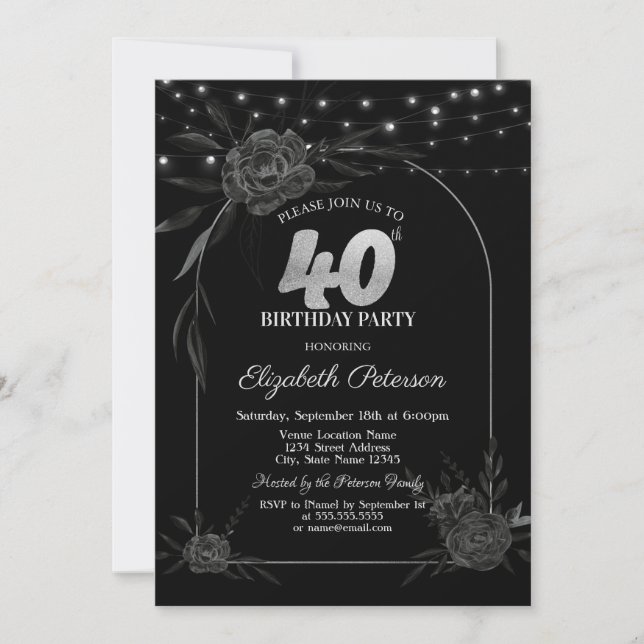 Dark Roses,String Lights Black 40th Birthday Invitation (Front)
