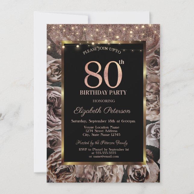 Dark Roses,String Lights Glitter 80th Birthday  Invitation (Front)