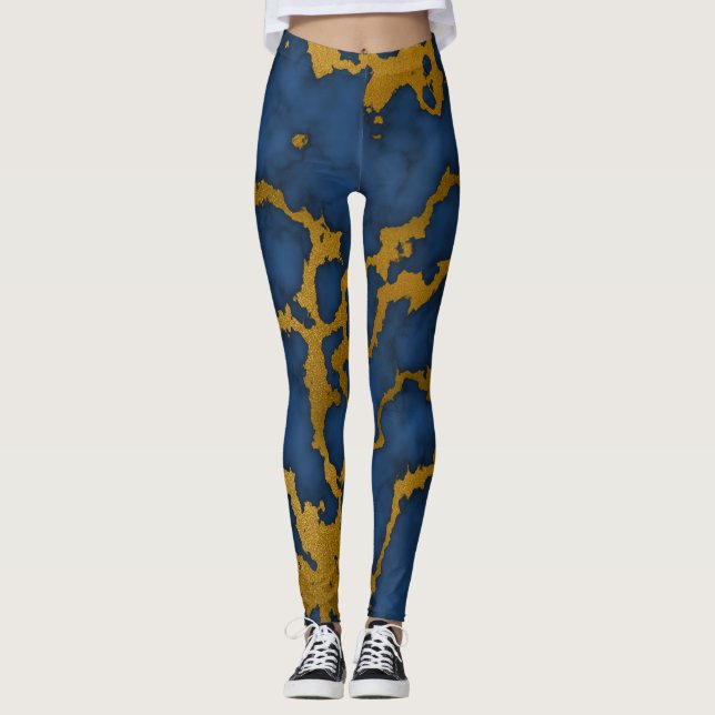 Dark Royal Blue and Gold Marble Texture Design Leggings (Front)