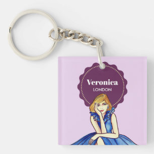 Dark Royal Blue Cocktail Gown Fashion Illustration Keychain