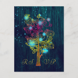 Dark Royal Blue Spiral Trees Rustic Wedding RSVP Invitation Postcard