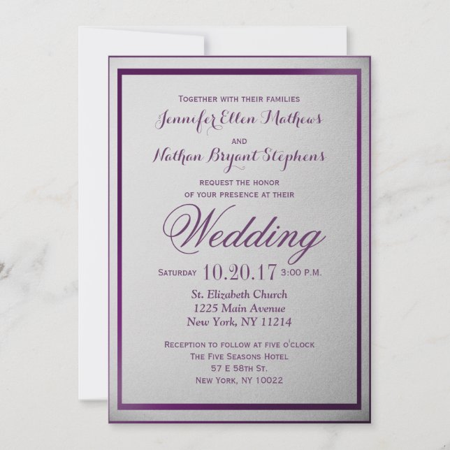 Dark Royal Purple Outline on Grey Gradient Invitation (Front)