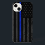 Dark & Rugged Style | Thin Blue Line Police Flag iPhone 14 Plus Case<br><div class="desc">An iPhone tough style or slim fit case featuring a dark and distressed style police thin blue line flag with a vibrant cobalt blue line running through the centre of it. In the background is a faded dark American flag which is subtle enough to fly under the radar, but vivid...</div>